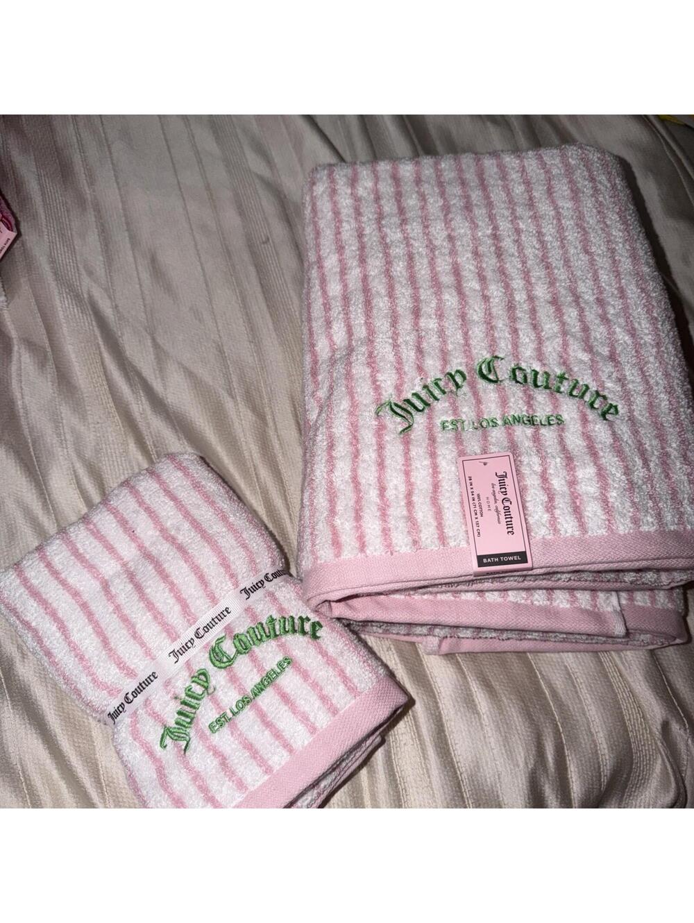 Juicy Couture Pink stripes w/ green logo Bath Towel Set 4PC Home Collection NWT